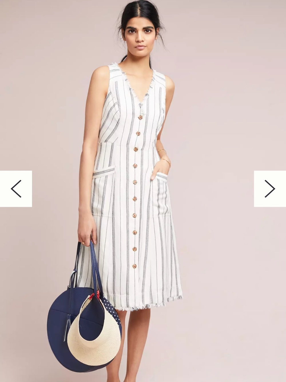 Maeve White Midi Dress with Navy Pinstripes